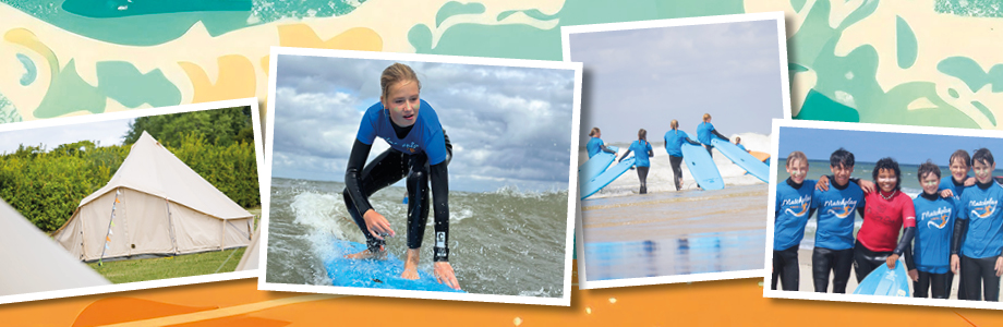 deelnemers van het Matchplay surfkamp tijdens een surfles op het strand en de tent waarin zij overnachten in Zeeland