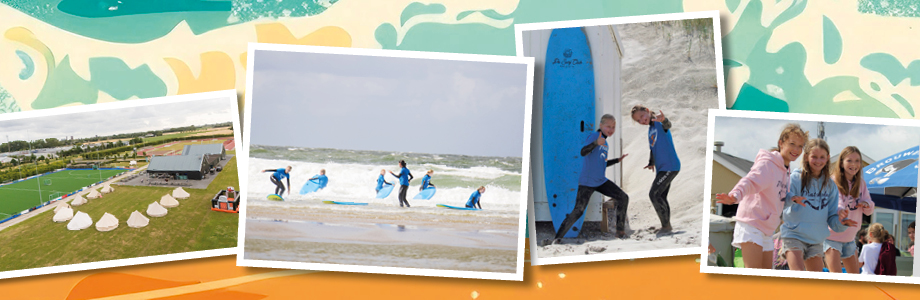Deelnemers van de Matchplay sportkampen in Zeeland tijdens hockeytraining, surfles en het verblijf in de tenten.