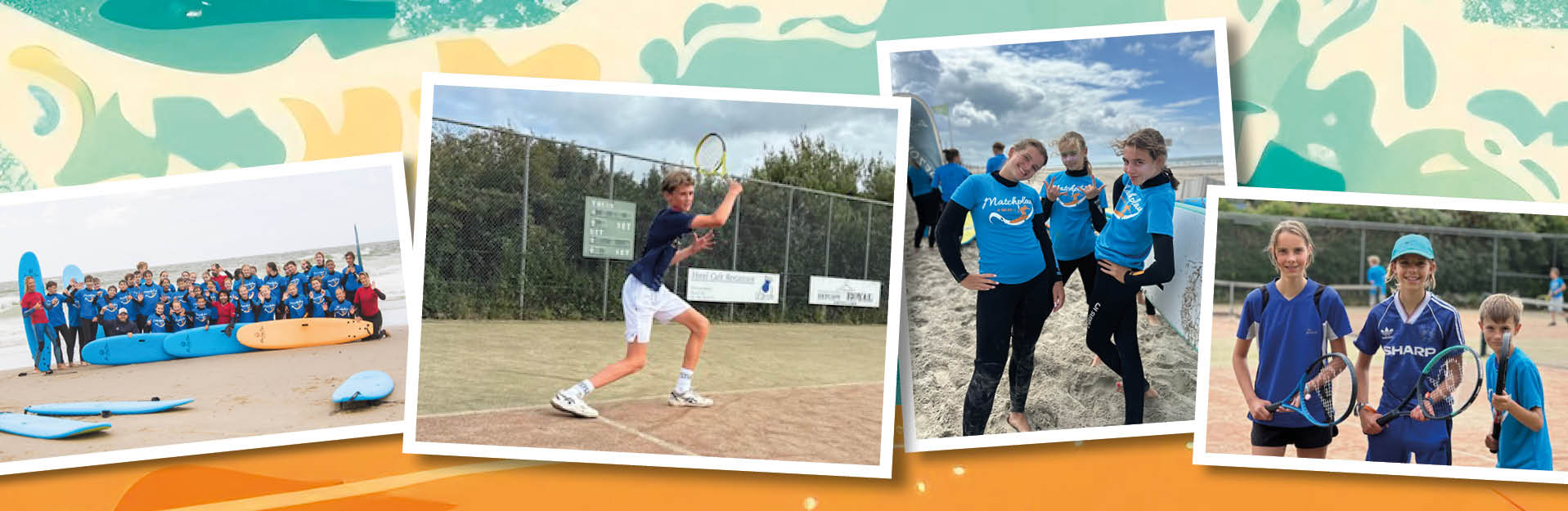 Deelnemers van het Matchplay tenniskamp met surfen tijdens een tennisles op de baan en surfles op het strand in Zeeland.